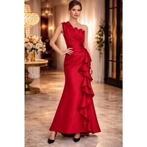 Badgley Mischka sz 4 Sculptural One-Shoulder Ruffle Gown $950 Red Prom Gala